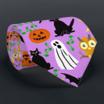 Halloween Theme Collage Toss Pattern Purple Tie<br><div class="desc">This whimsical Halloween toss pattern is made mostly in orange and black on a light purple background. It includes white ghosts, black cats and bats, orange pumpkins and light-orange owls. It's a cute cartoon design to help you celebrate at your spooky party. This design is appropriate for a kids' party...</div>