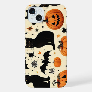 Halloween-Themed Black Cat and Pumpkin Pattern iPhone 15 Plus Case