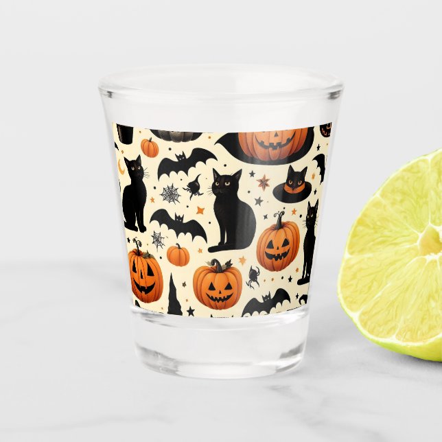 Halloween-Themed Black Cat and Pumpkin Pattern Shot Glass (Front)
