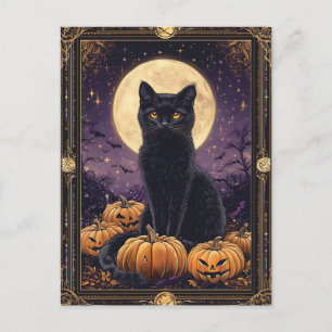 Halloween themed tarot card with a black cat