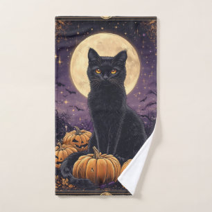 Halloween themed tarot card with a black cat hand towel