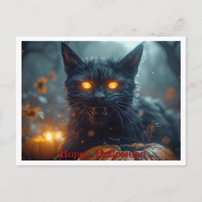 Halloween Threatening Spooky Black Cat Postcard (Front)