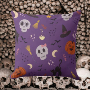 Halloween Throw Pillow – Skulls, Pumpkins, Cats