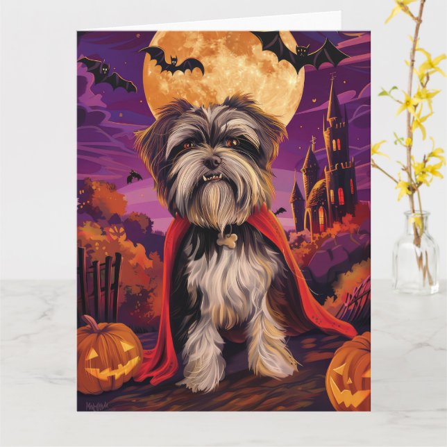 Halloween Tibetan Terrier Vampire Pumpkins Scary  Card (Yellow Flower)