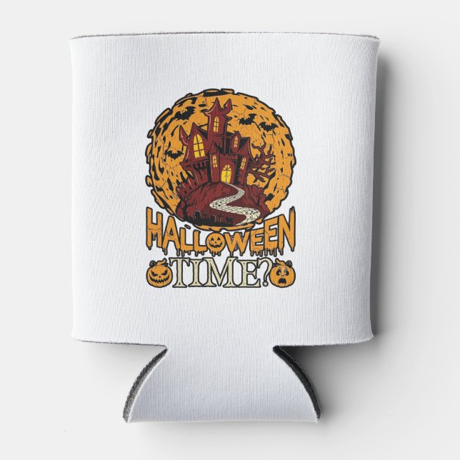 Halloween Time Haunted House Full Moon Pumpkins Can Cooler (Front)