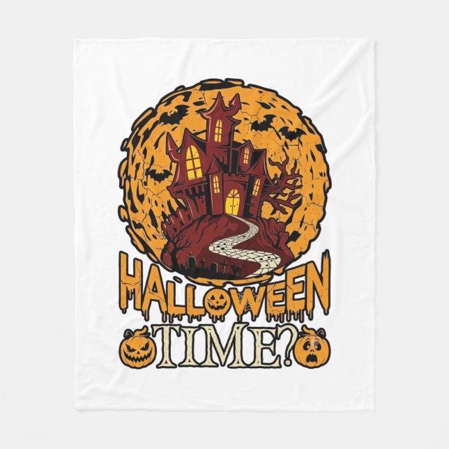 Halloween Time Haunted House Full Moon Pumpkins Fleece Blanket (Front)