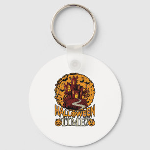 Halloween Time Haunted House Full Moon Pumpkins Key Ring
