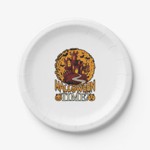 Halloween Time Haunted House Full Moon Pumpkins Paper Plate