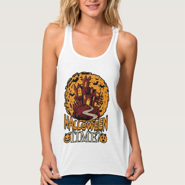 Halloween Time Haunted House Full Moon Pumpkins Singlet (Front)