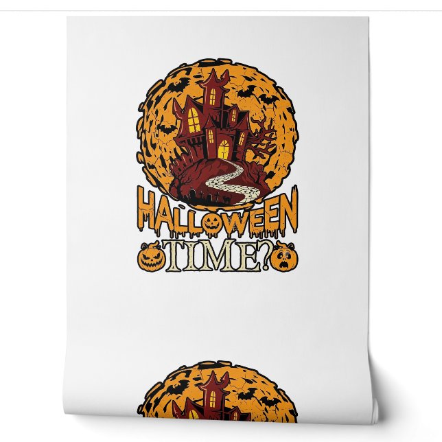 Halloween Time Haunted House Full Moon Pumpkins Wallpaper (Unrolling)