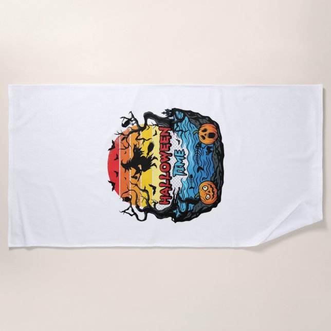 Halloween Time Witch Pumpkins Bats Sunset_1 Beach Towel (Front)