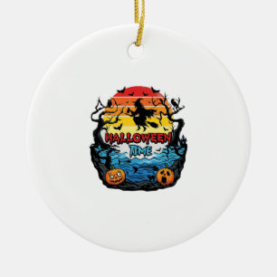 Halloween Time Witch Pumpkins Bats Sunset_1 Ceramic Tree Decoration