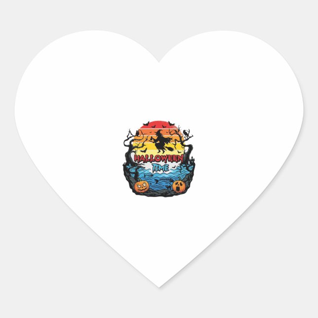 Halloween Time Witch Pumpkins Bats Sunset_1 Heart Sticker (Front)