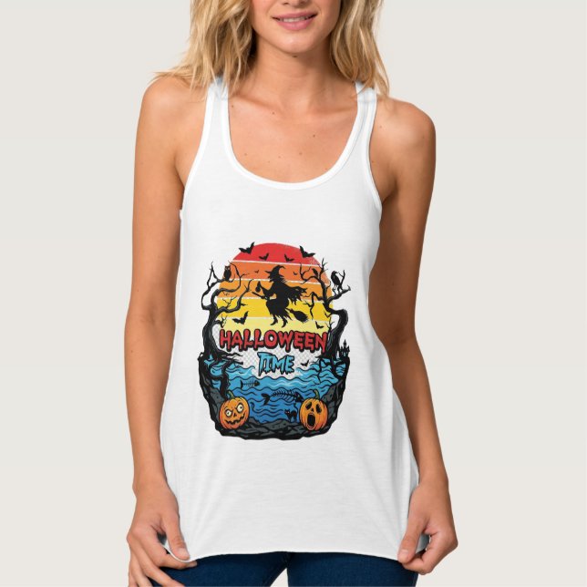 Halloween Time Witch Pumpkins Bats Sunset_1 Singlet (Front)