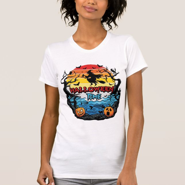 Halloween Time Witch Pumpkins Bats Sunset_1 T-Shirt (Front)