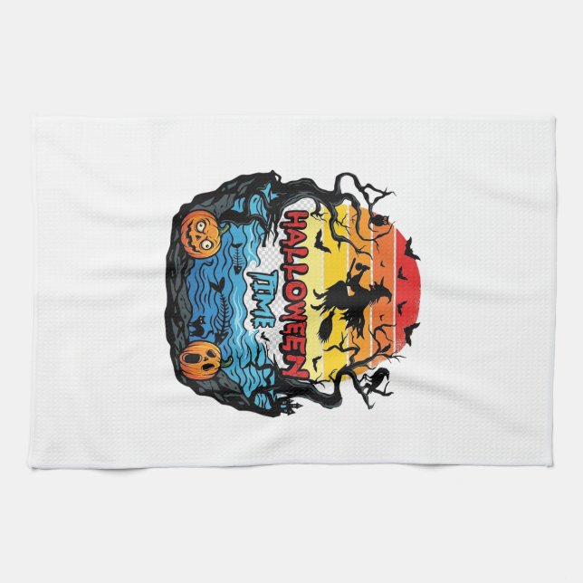 Halloween Time Witch Pumpkins Bats Sunset_1 Tea Towel (Horizontal)
