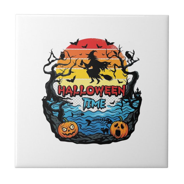 Halloween Time Witch Pumpkins Bats Sunset_1 Tile (Front)