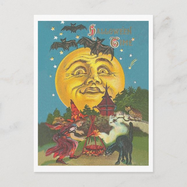 Halloween time, young witch at full yellow moon postcard (Front)