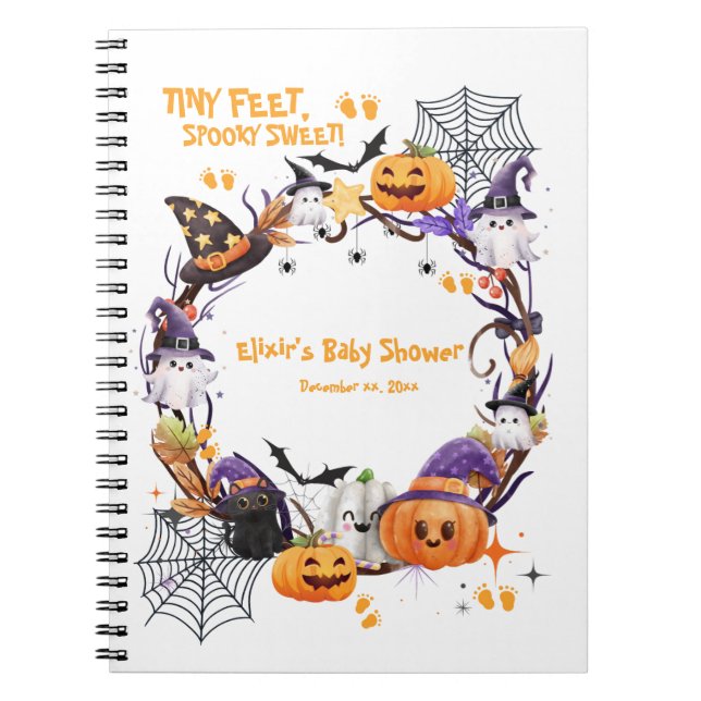 Halloween Tiny Feet, Spooky Sweet Baby Shower  Notebook (Front)