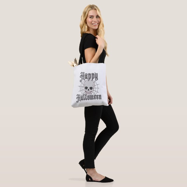 Halloween Tote Bag | Skull & Spiderweb (On Model)