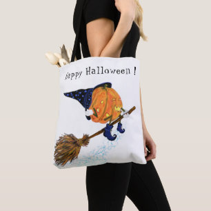 Halloween Tote Bag Witch Pumpkin Flying Broom