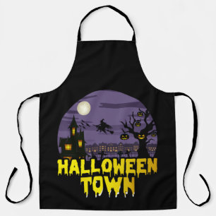 Halloween Town Full Moon Scene with Haunted House Apron