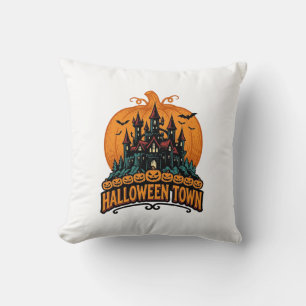 Halloween Town Vintage Haunted Castle Pumpkin Desi Cushion