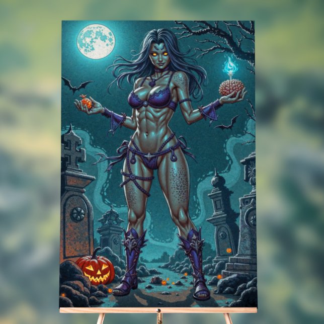 Halloween Treat or Zombie Girlfriend w Brains Acrylic Sign (Neutral)