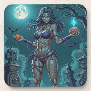 Halloween Treat or Zombie Girlfriend w Brains Coaster