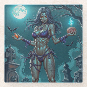 Halloween Treat or Zombie Girlfriend w Brains Glass Coaster