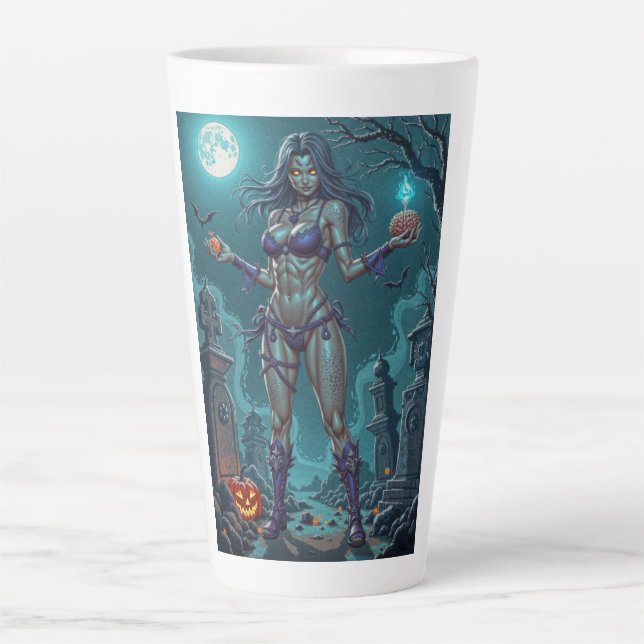 Halloween Treat or Zombie Girlfriend w Brains Latte Mug (Front)