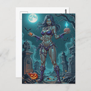 Halloween Treat or Zombie Girlfriend w Brains Postcard