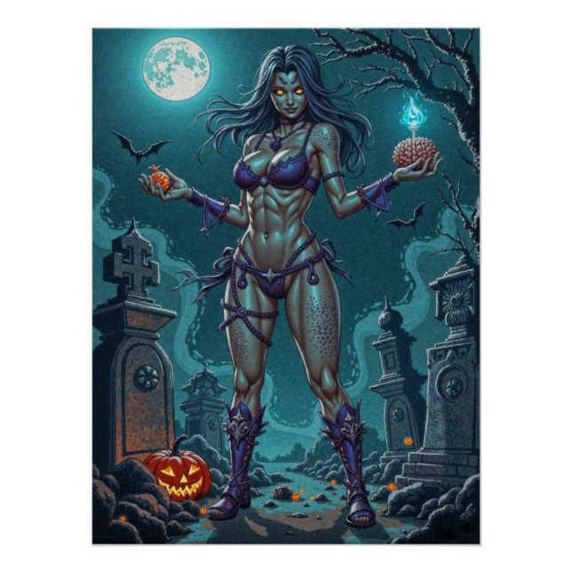 Halloween Treat or Zombie Girlfriend w Brains Poster (Front)