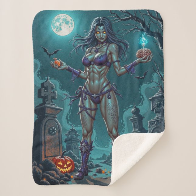 Halloween Treat or Zombie Girlfriend w Brains Sherpa Blanket (Front)