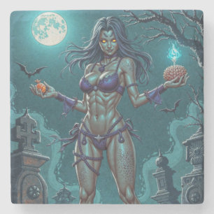 Halloween Treat or Zombie Girlfriend w Brains Stone Coaster