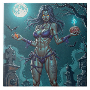 Halloween Treat or Zombie Girlfriend w Brains Tile