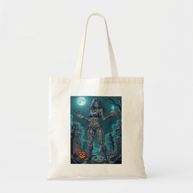 Halloween Treat or Zombie Girlfriend w Brains Tote Bag (Front)