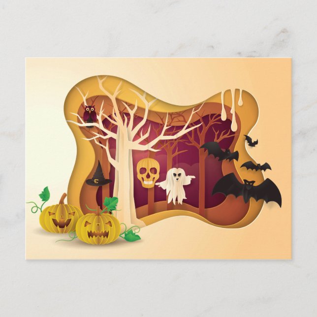 Halloween Tree Papercut Ghost & Skull Postcard (Front)