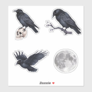 Halloween Trendy Black raven crow ,skull and moon