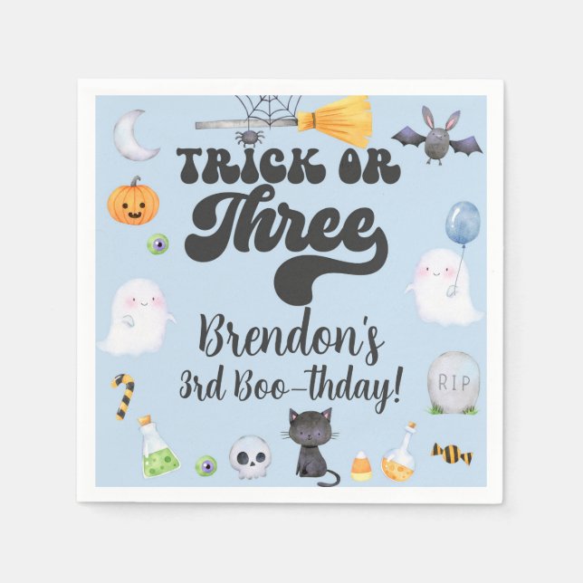 Halloween trick or three boy 3rd birthday napkins. napkin (Front)