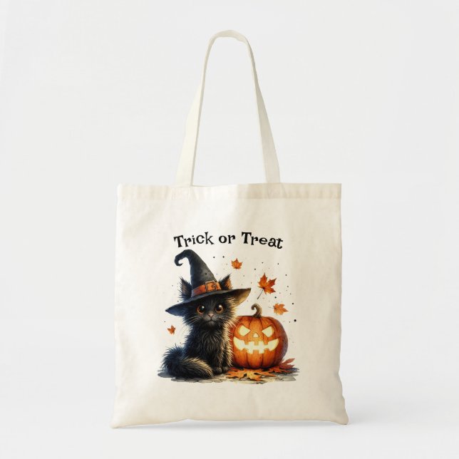 Halloween Trick or Treat Black Cat in Witch's Hat Tote Bag (Front)