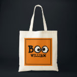 Halloween Trick Or Treat Cute Simple Ghost  Tote Bag<br><div class="desc">Goofy-eyed BOO for your Halloween. A simple design with goofy cross-eyed ghoul eyes saying BOO! Trick or treat fun will be had by all with this whimsical design. Happy Halloween fun with a black background and a simple white border, Personalise for yourself or your favourite ghosts and goblins. Happy Halloween...</div>