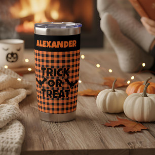 Halloween Trick or Treat Orange & Black Plaid Name Insulated Tumbler