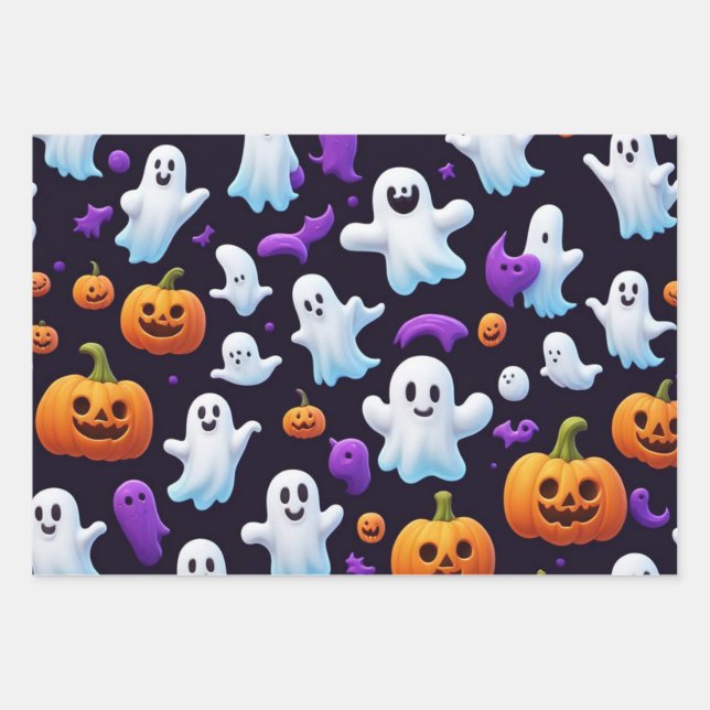 Halloween Trick Or Treat Pumpkin Boo Ghost  Black Wrapping Paper Sheet (Front 2)