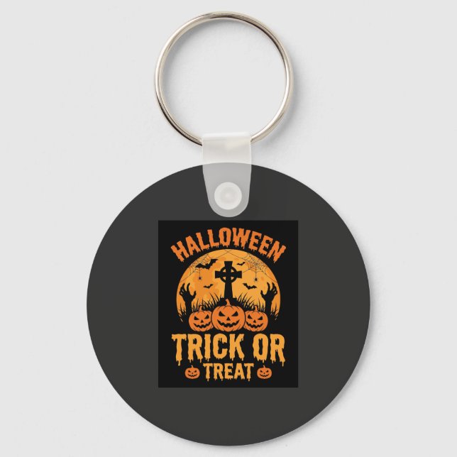 Halloween Trick or Treat Pumpkin Graveyard Design Key Ring (Front)