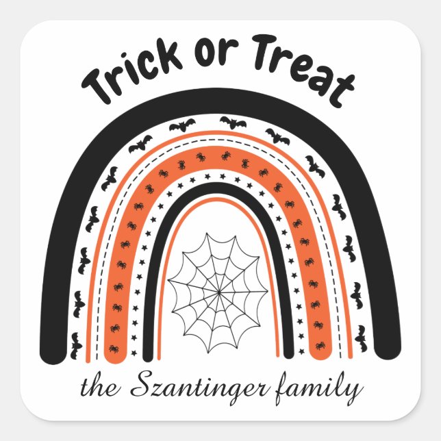 Halloween trick or treat rainbow bats personalised square sticker (Front)
