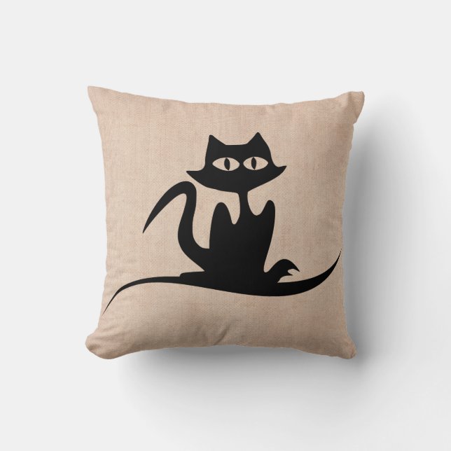 Halloween Trick or Treat Scary Cat Burlap Cushion (Front)