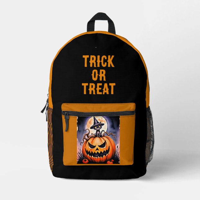 Halloween, Trick or Treat, Scary Pumpkins Printed Backpack (Front)