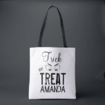 Halloween Trick Or Treat Simple Scary Ghost Eyes Tote Bag<br><div class="desc">A typography-inspired design with a spooky ghoul eye. Script font along with block and fun typography. A simple black and white design with geometric lines and squares. A great design to personalise for yourself or your little witches, ghosts, and goblins. A fun time will be had by all with this...</div>