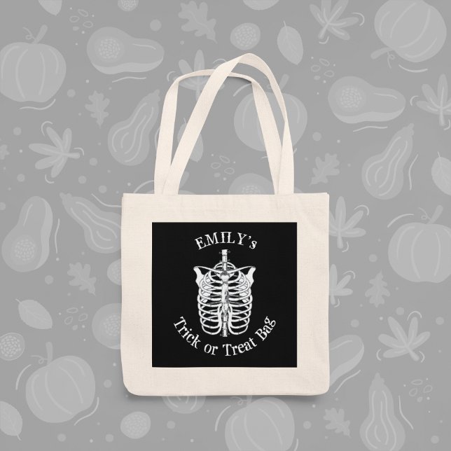 Halloween Trick or Treat Spooky Skeleton Design Tote Bag (Halloween skeleton trick or treat bag with spooky design for kids and fall celebrations.)